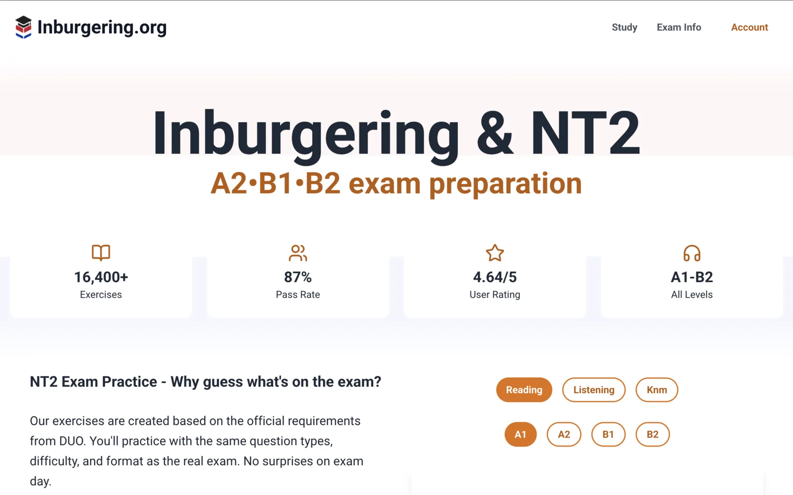 Inburgering.org home page with Dutch exam samples