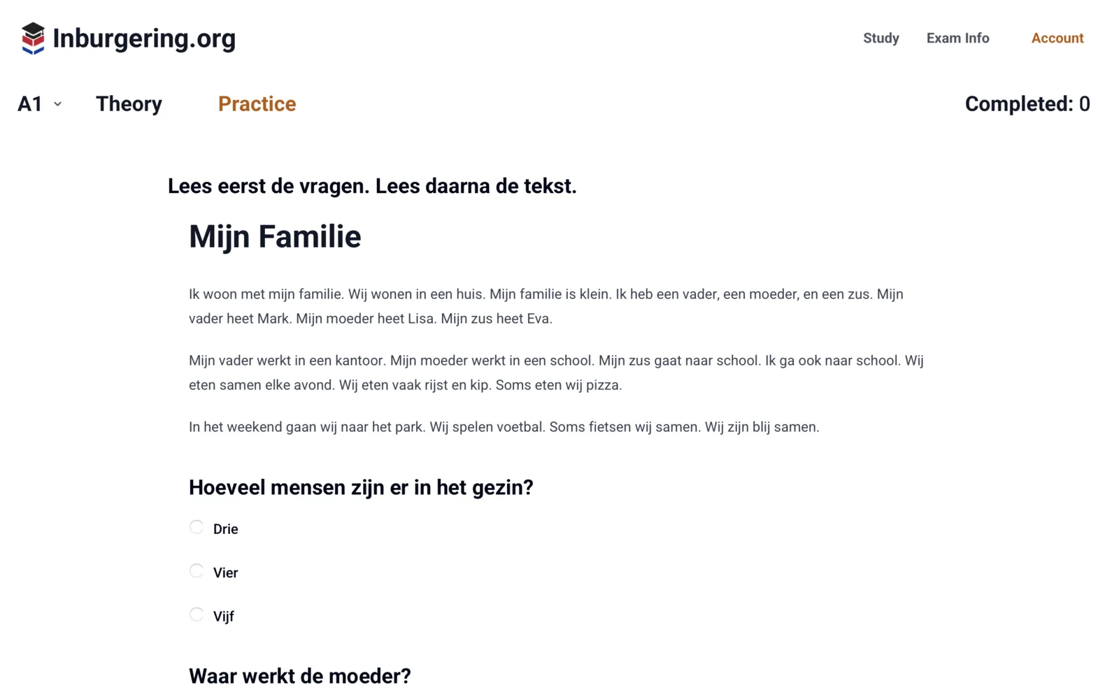 Inburgering.org reading exam practice interface